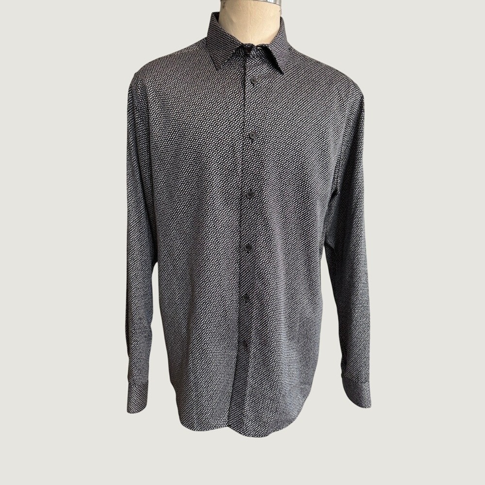 Ted Baker London Mens Navy Blue Geometric Leaf Print Button Down Shirt Size 6 XL